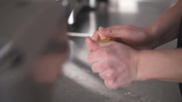 Hands Holding Piece Dough Kneading Fresh Noodles Preparation Restaurant — Vídeos de Stock