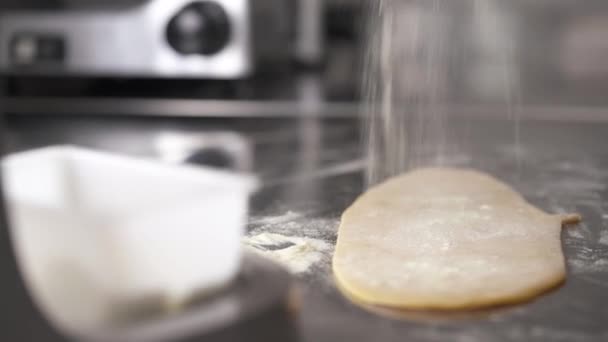 Piece Dough Table Hands Take More Flour Box Sprinkle Dough — Vídeo de Stock