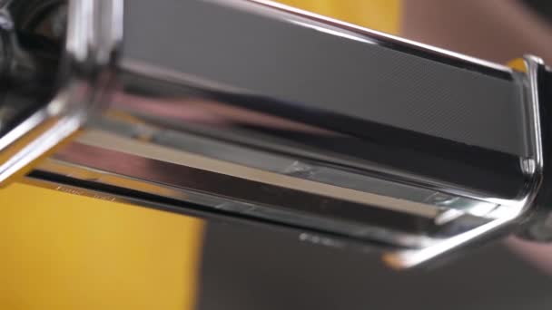 Close Dough Flatten Machine Processing Piece Dough Make Thinner Cutting — Stock Video