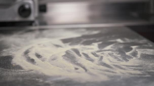 Close Table Flour Professional Kitchen Piece Dough Put Table Fresh — 图库视频影像
