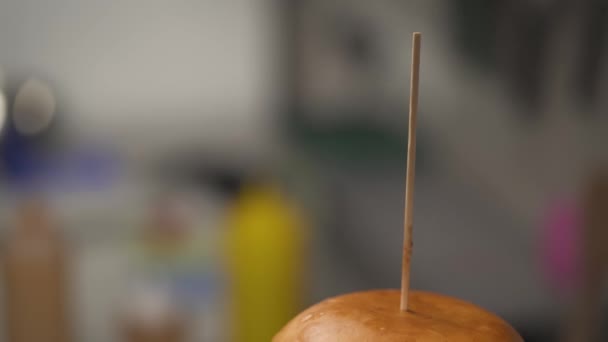 Thin Stick Camera Moves Top Stops Burger Sauceboat French Fries — Stockvideo