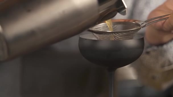 Bartender Opens Cobbler Shaker Takes Conical Cocktail Sieve Starts Pouring — Vídeo de Stock