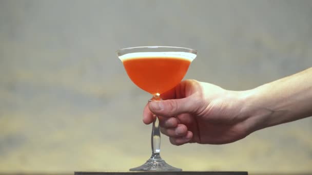 Close Tumbler Pink Cocktail Standing Bar Counter Hand Taking Away — Stockvideo