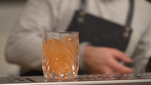 Close Glass Grapefruit Juice Standing Bar Counter Man Hand Putting — Stockvideo