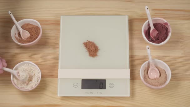 Top View How Girl Weighs Organic Herbal Powders Make Natural — Vídeo de Stock