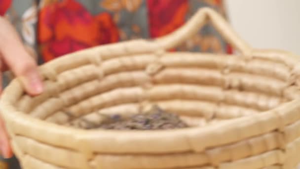 Close View Woman Hand Moving Wicker Basket Filling Dried Lavender — Video Stock