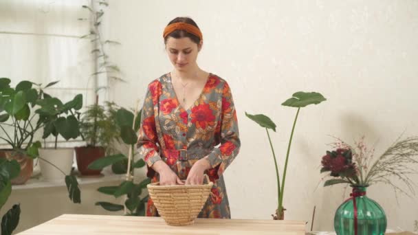 Video Woman Touching Twisting Palms Dried Lavender Flowers Wicker Basket — Stockvideo