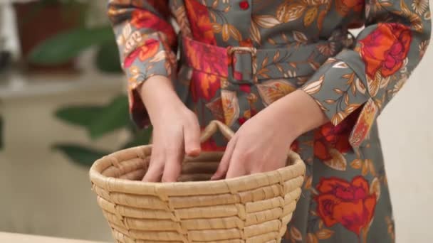 Close Woman Touching Twisting Palms Dried Lavender Flowers Wicker Basket — Video Stock