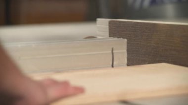 A side view of a table circular saw making a cross-cut of a plywood board