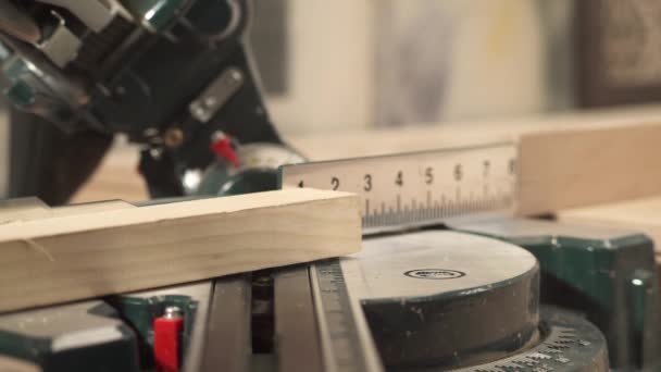 Front View Miter Saw Cutting Work Piece Selected Angle Sawdust — Stok Video