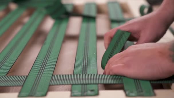 Side View Man Weaving Bland Frame Attaching Wood Piece Staple — Wideo stockowe