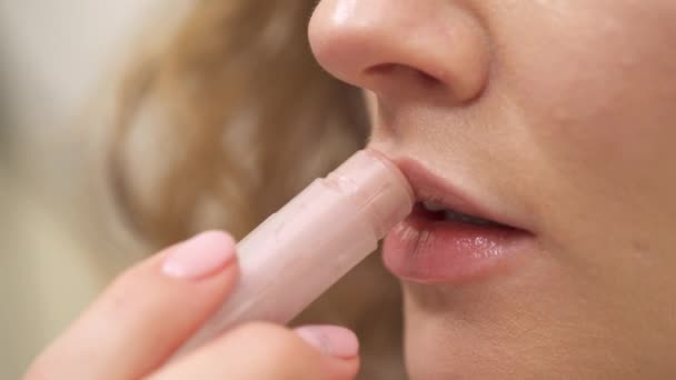 Side View Woman Hand Holding Applying Hygienic Natural Lipstick Her — Stock videók