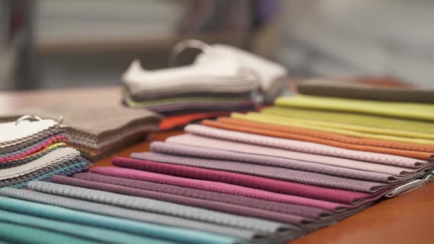 Demonstration Video Colorful Tissue Samples Choice Fabrics — Stock video