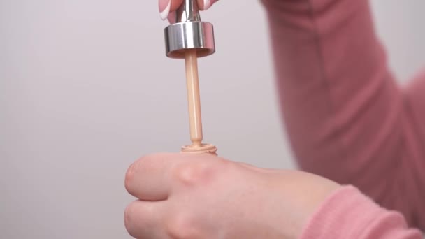 Closeup Woman Hand Opening Cosmetic Tonal Cream Applying Back Side — Vídeos de Stock