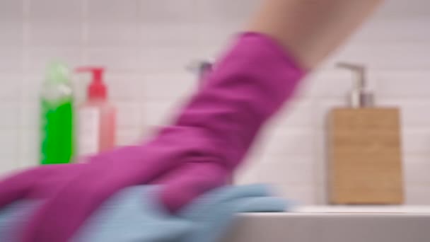 Close Woman Hand Pink Glove Cleaning Bathroom Sink Blue Household — Stock videók