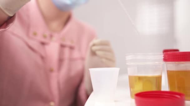 一名临床实验室科学家用吸管抽取尿液样本并将其放入塑料杯的演示视频 — 图库视频影像