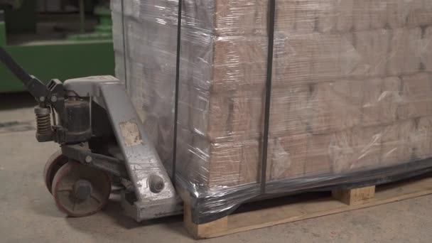 Een Demonstratievideo Van Het Laden Transporteren Van Zaagstofbriketten Met Handpallettruck — Stockvideo