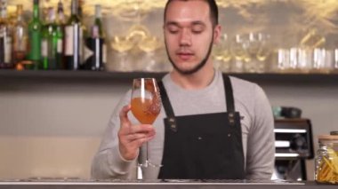 Bir barmen barın tezgahına taze yaz kokteyli koyuyor. Profesyonel uzun içki kokteyli yapımı..