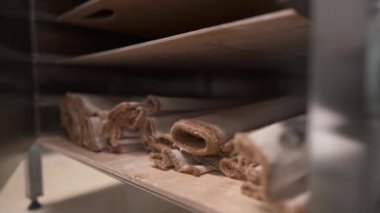 Profesyonel bir şef mutfak rafının ön kapısını açar ve bir parça bez çıkarır. Restoran, gurme, fırın kavramı