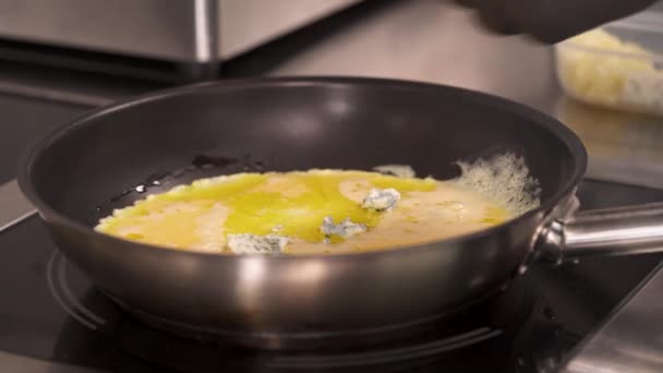 Chef Adding Different Types Cheese Blue Cheese Roquefort Gorgonzola Omelette — Stock Video