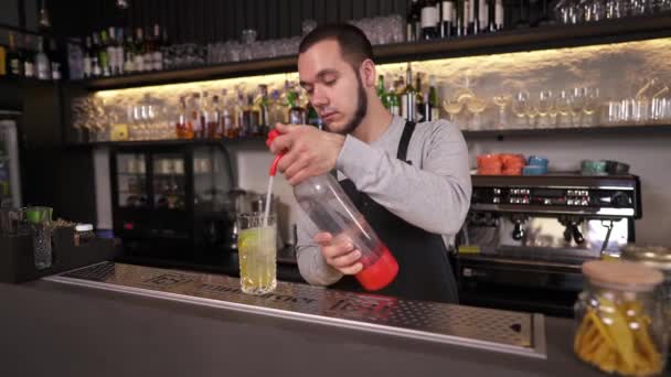 Stilig Ung Bartender Efterbehandling Gör Färsk Kall Lemonad Vid Bardisken — Stockvideo