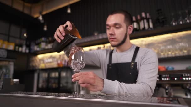 Bartendern Hälla Blandat Likör Beredda Glas Genom Cocktail Sil — Stockvideo