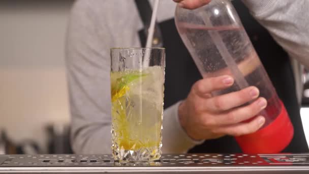 Närbild Bartender Häller Mousserande Vatten Från Läsken Sifonen Till Glaset — Stockvideo