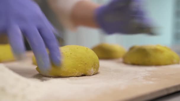 Крупный План Рук Пекарей Скручивающих Складывающих Тесто Классические Хлебные Буханки — стоковое видео