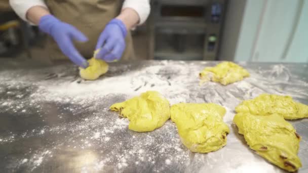 Eine Großaufnahme Eines Bäckers Beim Kneten Einer Portion Brotteig Professionelles — Stockvideo