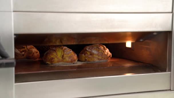 シェフが焼きたてのパンをオーブンから皮で取り出します パン屋さんでパンを焼く 料理のコンセプト — ストック動画