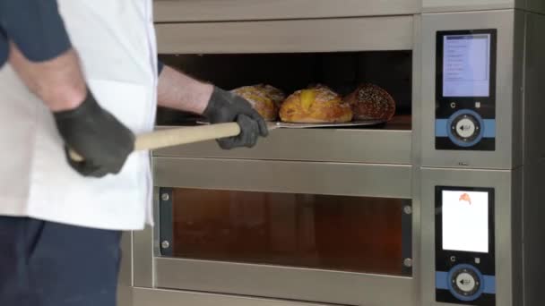 皮を使ってオーブンから焼きたてのパンを取り出すパン屋さんの側面図 パン屋さんでパンを焼く 料理のコンセプト — ストック動画