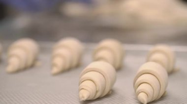 Ön planda kruvasan şeklinde kaplanmış hamur kaplamasının yakın plan görüntüsü. Şef kruvasan yapmak için viennoizerie hamur rulosu yapıyor. Profesyonel yemek yapma konsepti