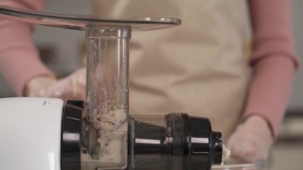 과육에서 아몬드 우유를 짜내는 아몬드 우유를 준비하는 식물성 생산물 — 비디오
