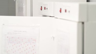 Tıbbi teknoloji uzmanlarının mikrobiyoloji laboratuvarında petri kabını sıcak hava sterilize etme makinesine yerleştirmesi. Mikrobik ekin ekimi. Tıbbi araştırma konsepti
