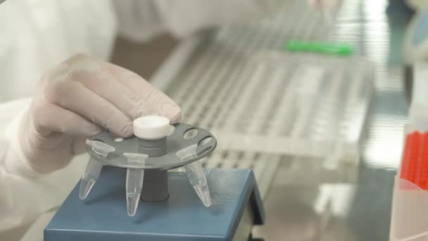 Gros Plan Technologue Médical Remplissant Mélangeur Polyvalent Mini Éprouvettes Concept — Video