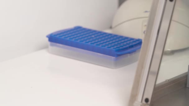 Laboratóriumi Üvegedények Jobbról Balra Mikrolemez Laboratóriumi Vizsgálatokhoz Asztalon Mikrotiter Lemezt — Stock videók