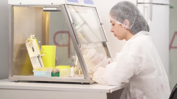 실험실 과학자들 라미나 공기의 캐비닛에서 생물학적 실험을 수행하고 있다는 측면의 — 비디오