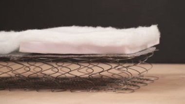Profesyonel bir fabrika işçisinin yatak yaylarının esnekliğini kontrol ettiği bir gösteri videosu. Yatak bobinleri köpük çekirdek ve lifle kaplıdır.