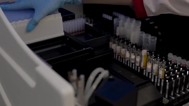 Zbliżenie Techników Medycznych Trzymających Półki Rurkami Krwi Ładujących Zautomatyzowanego Analizatora — Wideo stockowe