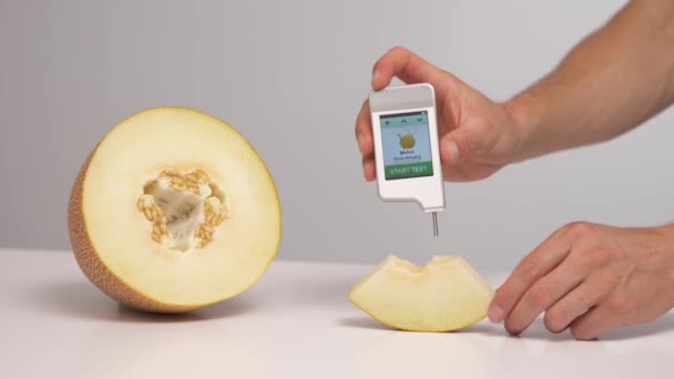 Vídeo Demonstração Close Teste Limite Nitratos Pedaço Melão Cortar Fruta — Vídeo de Stock