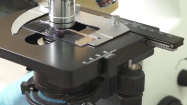 Kan örneklerini test etmek, sıvı ve profesyonel ekipmanları incelemek için mikroskop kullanan tıbbi teknoloji uzmanlarının yakın çekimi. Bilimsel ve sağlık araştırma konsepti