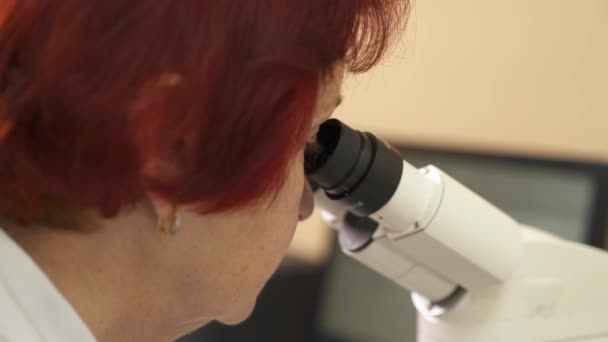 Primer Plano Científico Investigación Mirando Través Microscopio Laboratorio Trabajos Rutinarios — Vídeo de stock