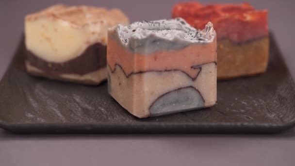 Bottom Top Shot Organic Handmade Soap Bars Ceramic Tray Hand — Stock Video
