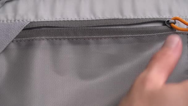 Man Closing Zipper Pocket His Grey Handbag Stylish Accessory Travel — Stock Video