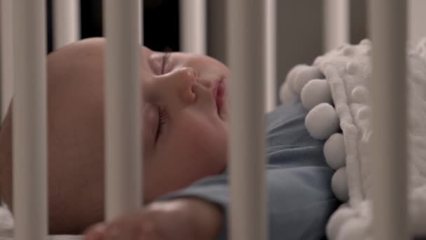 Portrait Infant Peacefully Sleeping His Baby Cot Close Loving Mothers — Stock Video