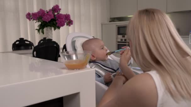 在时尚的厨房里 一位慈祥的母亲用勺子把蜜桃泥送给她可爱的小男孩 家长护理孩子 — 图库视频影像