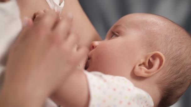 Close Shooting Young Beautiful Mother Breastfeeding Her Newborn Baby — Stock Video