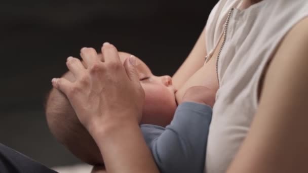 Young Beautiful Mother Pats Head Her Little Child Breastfeeding Sleeping — Stock Video