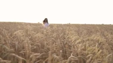 Güneş ışığında tarlada dönen güzel genç bir kadın. Rüzgâr onun uzun saçlarını savuruyor.