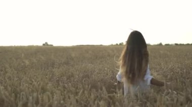 Sahada güneş ışığında günlük kısa elbiseler giymiş güzel bir kız. Rüzgâr uzun saçlarını savuruyor. Sonbahar.